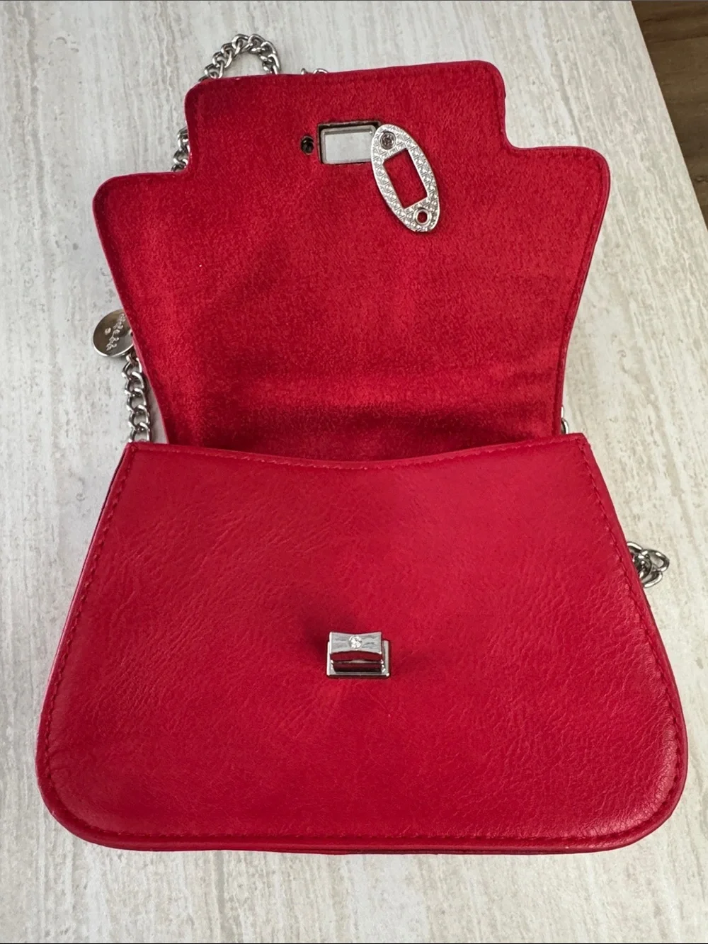 Red Leather Top-Handle Crossbody Bag with Silver Chain
